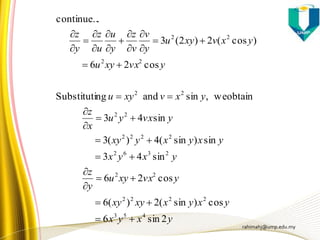 rahimahj@ump.edu.my
yxyx
yxyxxyxy
yvxxyu
y
z
yxyx
yxyxyxy
yvxyu
x
z
yxvxyu
yvxxyu
yxvxyu
y
v
v
z
y
u
u
z
y
z
2sin6
cos)sin(2)(6
cos26
sin43
sin)sin(4)(3
sin43
obtainwe,sinandngSubstituti
cos26
)cos(2)2(3
.continue..
453
2222
22
2362
2222
22
22
22
22

























 