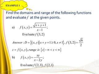 Find the domains and range of the following functions
and evaluate f at the given points.
 
 
    
   
 
   
1
a) , ;
1
Eva1uate 3,2
6
: , 1 0, 1 , 3,2
2
, ,
b) , ;
2
Eva1uate 2,3 , 2,1
x y
f x y
x
f
Answer D x y x y x f
z f x y range is z z
xy
f x y
x y
f f
 


     
     


EXAMPLE 1
 