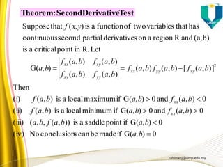 rahimahj@ump.edu.my
0)G(ifmadebecansconclusionNo(iv)
0)G(ifpointsaddleais)),(,,((iii)
0),(and0)G(ifminimumlocalais),((ii)
0),(and0)G(ifmaximumlocalais),((i)
Then
)],([),(),(
),(),(
),(),(
)G(
LetR.inpointcriticalais
b)(a,andRregionaonsderivativepartialsecondcontinuous
hasthatvariablestwooffunctionais)(thatSuppose
2





a,b
a,bbafba
bafa,bbaf
bafa,bbaf
bafbafbaf
bafbaf
bafbaf
a,b
x,yf
xx
xx
xyyyxx
yyxy
xyxx
TestDerivativeSecond:Theorem
 