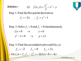 rahimahj@ump.edu.my
Solution :
40)2(2)G(
202
)G(andderivativesecondtheFind:3Step
1y01
002
uslysimultaneo0and0Solve:2Step
1,2
sderivativepartialfirsttheFind:1Step
3
),()i(
2
2
2
y
2
3
yyfffx,y
yfff
x,y
y
xx-
ff
yfxf
yx
y
yxf
xyyyxx
yyxyxx
yx
x







 