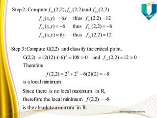 rahimahj@ump.edu.my
12)2,2(thus6)(
6)2,2(thus6)(
12)22(thus6)(
(2,2)and(2,2)(2,2),Compute:2Step



xyyy
xyxy
xxxx
yyxyxx
fyx,yf
fx,yf
,fxx,yf
fff
minimum.localais
8)2)(2(622)2,2(
Therefore
012)2,2(and0108)6()12(21G(2,2)
point.criticalheclassify tandG(2,2)Compute:3Step
33
2


f
f-- xx
R.inminimumabsolutetheis
-8(2,2)minimumlocalthetherefore
R,inmaximumlocalnoisthereSince
f
 