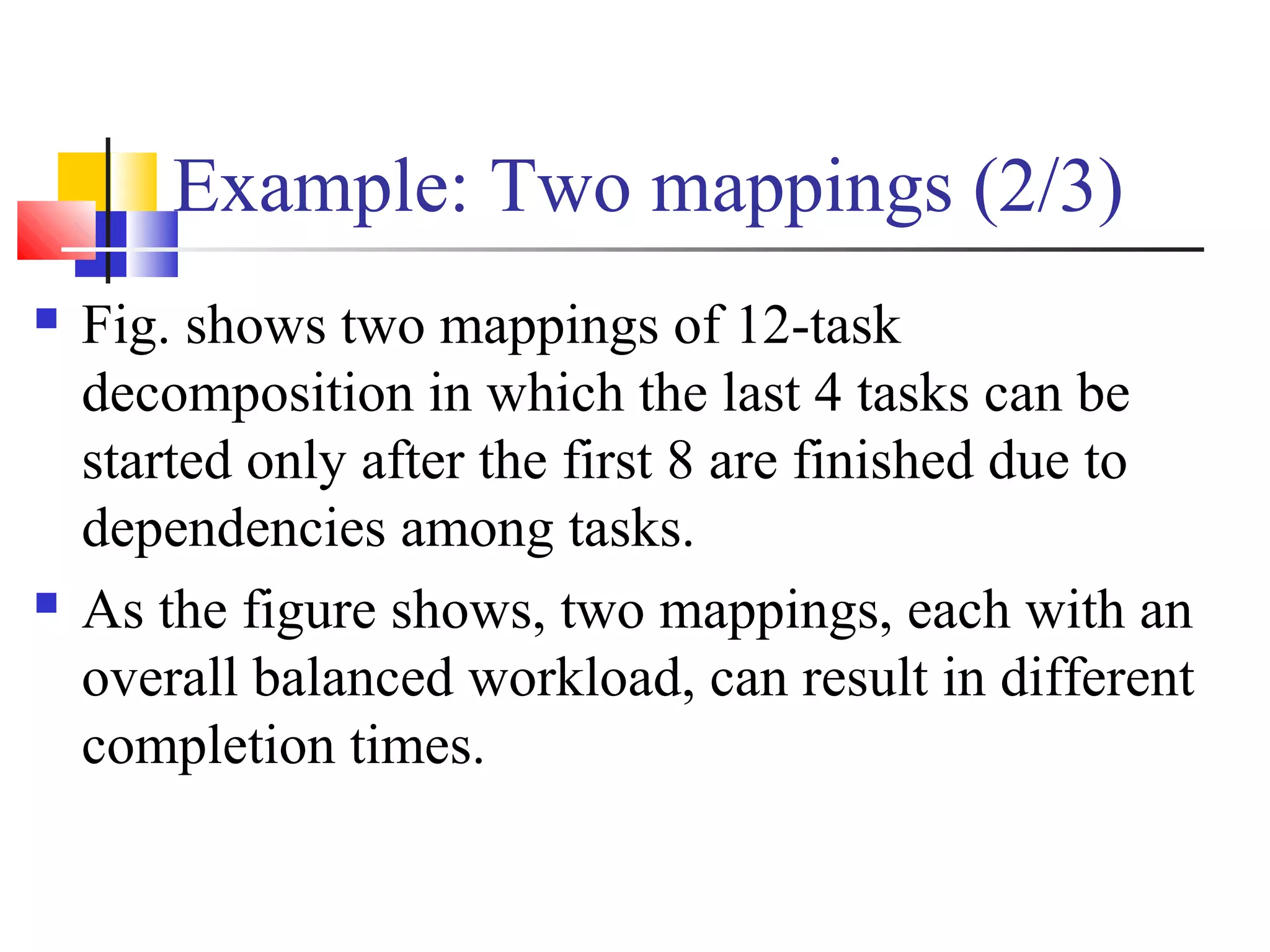Example: Two mappings (2/3)
 Fig. shows two mappings of 12-task
decomposition in which the last 4 tasks can be
started only after the first 8 are finished due to
dependencies among tasks.
 As the figure shows, two mappings, each with an
overall balanced workload, can result in different
completion times.
 