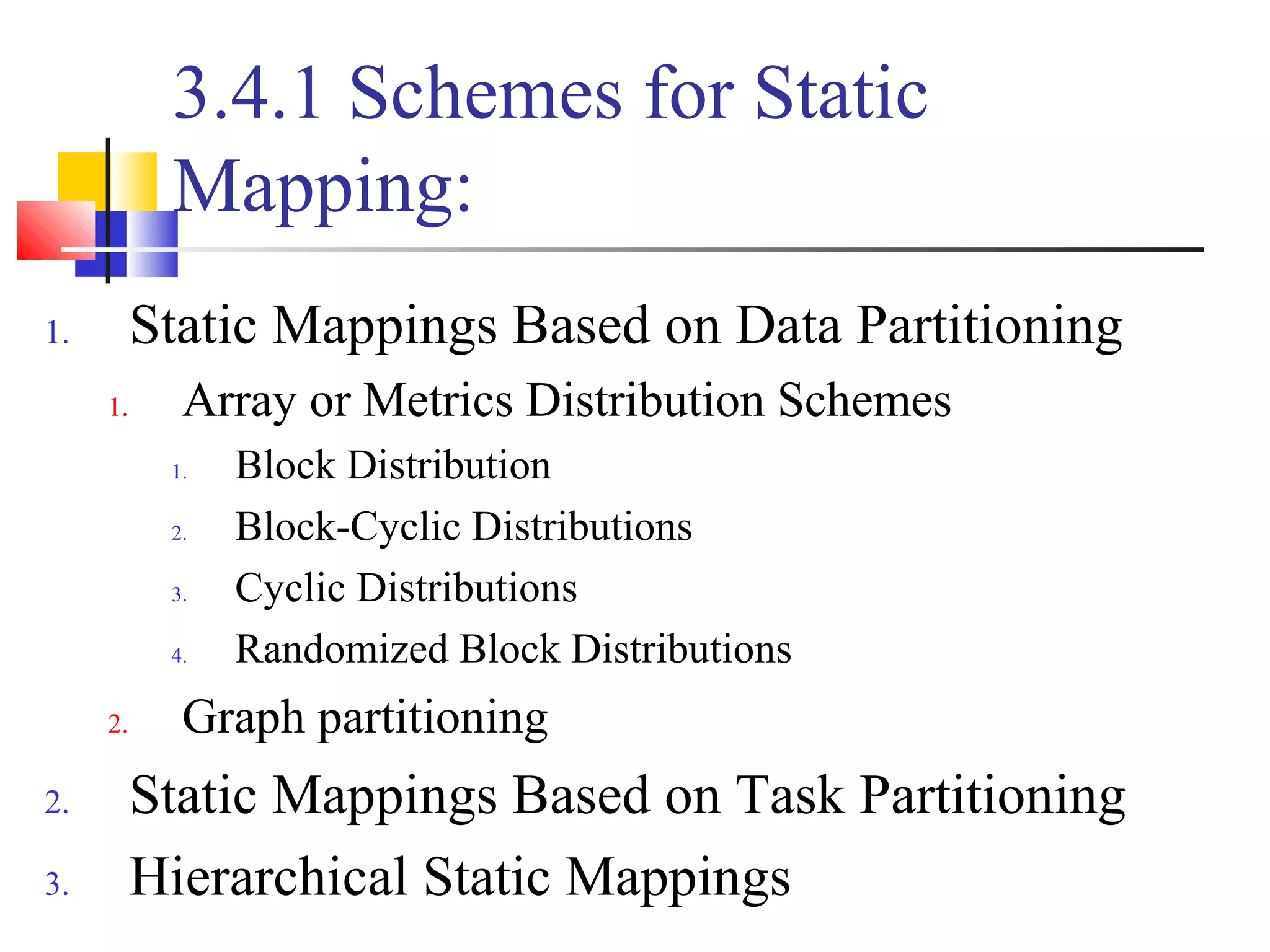 3.4.1 Schemes for Static
Mapping:
1. Static Mappings Based on Data Partitioning
1. Array or Metrics Distribution Schemes
1. Block Distribution
2. Block-Cyclic Distributions
3. Cyclic Distributions
4. Randomized Block Distributions
2. Graph partitioning
2. Static Mappings Based on Task Partitioning
3. Hierarchical Static Mappings
 
