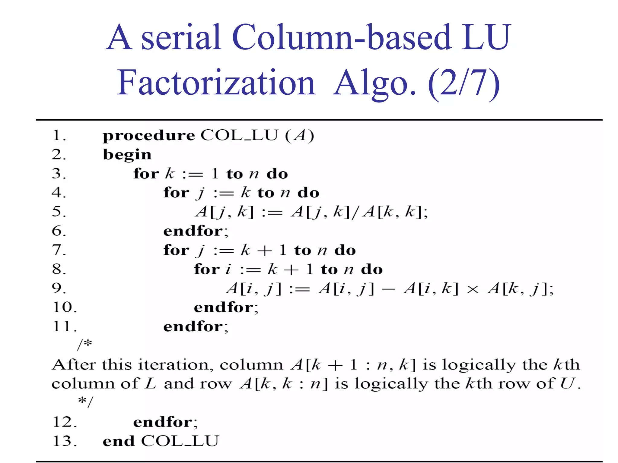 Dr. Hanif Durad 172
A serial Column-based LU
Factorization Algo. (2/7)
 
