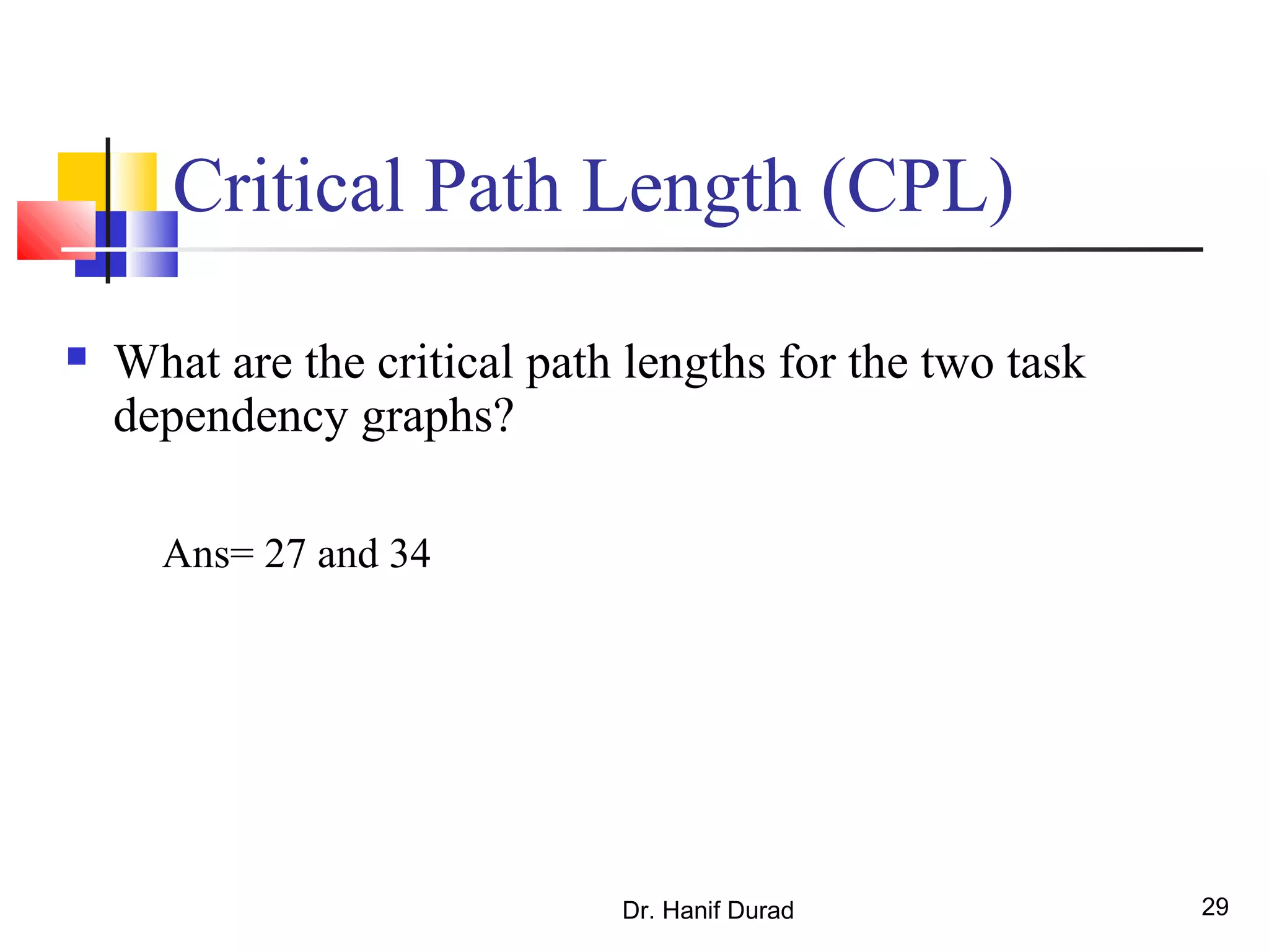 Dr. Hanif Durad 29
Critical Path Length (CPL)
 What are the critical path lengths for the two task
dependency graphs?
Ans= 27 and 34
 