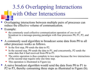 3.5.6 Overlapping Interactions
with Other Interactions
 Overlapping interactions between multiple pairs of processes can
reduce the effective volume of communication.
 Example:
 the commonly used collective communication operation of one-to-all
broadcast in a message-passing paradigm with four processes P0, P1, P2, and
P3.
 A commonly used algorithm to broadcast some data from P0 to all
other processes works as follows.
 In the first step, P0 sends the data to P2.
 In the second step, P0 sends the data to P1, and concurrently, P2 sends the
same data that it had received from P0 to P3.
 The entire operation is thus complete in two steps because the two interactions
of the second step require only one time step.
 This operation is illustrated in Figure (a).
 A naive broadcast algorithm would send the data from P0 to P1 to
P2 to P3, thereby consuming three steps as illustrated in Figure (b).
 