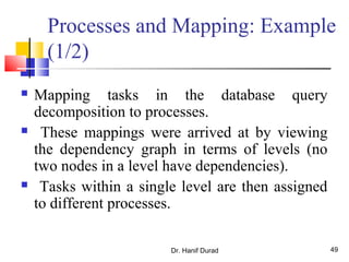 Dr. Hanif Durad 49
Processes and Mapping: Example
(1/2)
 Mapping tasks in the database query
decomposition to processes.
 These mappings were arrived at by viewing
the dependency graph in terms of levels (no
two nodes in a level have dependencies).
 Tasks within a single level are then assigned
to different processes.
 