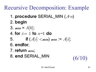 Dr. Hanif Durad 61
Recursive Decomposition: Example
1. procedure SERIAL_MIN (A,n)
2. begin
3. min = A[0];
4. for i:= 1 to n−1 do
5. if (A[i] <min) min := A[i];
6. endfor;
7. return min;
8. end SERIAL_MIN
(6/10)
 