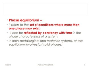 • Phase equilibrium –
• it refers to the set of conditions where more than
one phase may exist.
• It can be reflected by constancy with time in the
phase characteristics of a system.
• In most metallurgical and materials systems, phase
equilibrium involves just solid phases.
01/03/19 PROF.MAYUR S MODI 11
 