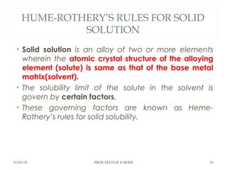 HUME-ROTHERY’S RULES FOR SOLID
SOLUTION
• Solid solution is an alloy of two or more elements
wherein the atomic crystal structure of the alloying
element (solute) is same as that of the base metal
matrix(solvent).
• The solubility limit of the solute in the solvent is
govern by certain factors.
• These governing factors are known as Heme-
Rothery’s rules for solid solubility.
01/03/19 PROF.MAYUR S MODI 16
 