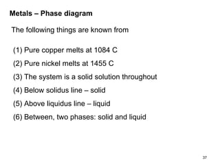 37
Metals – Phase diagram
The following things are known from
(1) Pure copper melts at 1084 C
(2) Pure nickel melts at 1455 C
(3) The system is a solid solution throughout
(4) Below solidus line – solid
(5) Above liquidus line – liquid
(6) Between, two phases: solid and liquid
 