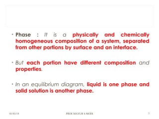 • Phase : It is a physically and chemically
homogeneous composition of a system, separated
from other portions by surface and an interface.
• But each portion have different composition and
properties.
• In an equilibrium diagram, liquid is one phase and
solid solution is another phase.
01/03/19 PROF.MAYUR S MODI 7
 
