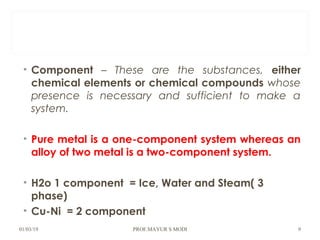 • Component – These are the substances, either
chemical elements or chemical compounds whose
presence is necessary and sufficient to make a
system.
• Pure metal is a one-component system whereas an
alloy of two metal is a two-component system.
• H2o 1 component = Ice, Water and Steam( 3
phase)
• Cu-Ni = 2 component
01/03/19 PROF.MAYUR S MODI 9
 