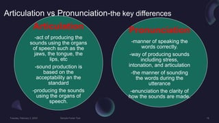 Articulation vs Pronunciation-the key differences
Articulation
-act of producing the
sounds using the organs
of speech such as the
jaws, the tongue, the
lips, etc
-sound production is
based on the
acceptability an the
standard
-producing the sounds
using the organs of
speech.
Pronunciation
-manner of speaking the
words correctly.
-way of producing sounds
including stress,
intonation, and articulation
-the manner of sounding
the words during the
utterance
-enunciation the clarity of
how the sounds are made.
 