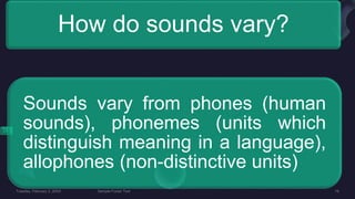 How do sounds vary?
Sounds vary from phones (human
sounds), phonemes (units which
distinguish meaning in a language),
allophones (non-distinctive units)
 