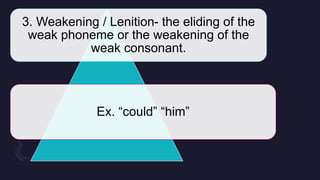 3. Weakening / Lenition- the eliding of the
weak phoneme or the weakening of the
weak consonant.
Ex. “could” “him”
 