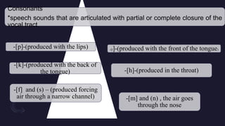 Consonants
*speech sounds that are articulated with partial or complete closure of the
vocal tract.
-[p]-(produced with the lips) -[t]-(produced with the front of the tongue)
-[k]-(produced with the back of
the tongue) -[h]-(produced in the throat)
-[f] and (s) – (produced forcing
air through a narrow channel) -[m] and (n) , the air goes
through the nose
 