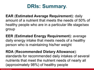 ©McGraw-Hill Education
DRIs: Summary1
EAR (Estimated Average Requirement): daily
amount of a nutrient that meets the needs of 50% of
healthy people who are in a particular life stage/sex
group
EER (Estimated Energy Requirement): average
daily energy intake that meets needs of a healthy
person who is maintaining his/her weight
RDA (Recommended Dietary Allowance):
standards for recommended daily intakes of several
nutrients that meet the nutrient needs of nearly all
(approximately 98%) of healthy people
 