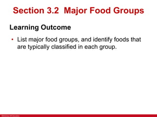 ©McGraw-Hill Education
Section 3.2 Major Food Groups
Learning Outcome
• List major food groups, and identify foods that
are typically classified in each group.
 