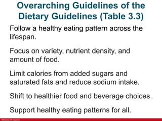 ©McGraw-Hill Education
Overarching Guidelines of the
Dietary Guidelines (Table 3.3)
Follow a healthy eating pattern across the
lifespan.
Focus on variety, nutrient density, and
amount of food.
Limit calories from added sugars and
saturated fats and reduce sodium intake.
Shift to healthier food and beverage choices.
Support healthy eating patterns for all.
 