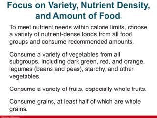 ©McGraw-Hill Education
Focus on Variety, Nutrient Density,
and Amount of Food1
To meet nutrient needs within calorie limits, choose
a variety of nutrient-dense foods from all food
groups and consume recommended amounts.
Consume a variety of vegetables from all
subgroups, including dark green, red, and orange,
legumes (beans and peas), starchy, and other
vegetables.
Consume a variety of fruits, especially whole fruits.
Consume grains, at least half of which are whole
grains.
 
