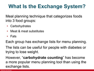 ©McGraw-Hill Education
What Is the Exchange System?
Meal planning technique that categorizes foods
into 3 food groups:
• Carbohydrates
• Meat & meat substitutes
• Fats
Each group has exchange lists for menu planning.
The lists can be useful for people with diabetes or
trying to lose weight.
However, “carbohydrate counting” has become
a more popular menu planning tool than using the
exchange lists.
 