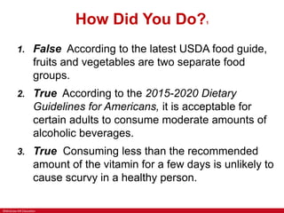 ©McGraw-Hill Education
How Did You Do?1
1. False According to the latest USDA food guide,
fruits and vegetables are two separate food
groups.
2. True According to the 2015-2020 Dietary
Guidelines for Americans, it is acceptable for
certain adults to consume moderate amounts of
alcoholic beverages.
3. True Consuming less than the recommended
amount of the vitamin for a few days is unlikely to
cause scurvy in a healthy person.
 