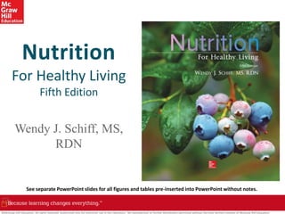 Nutrition
For Healthy Living
Fifth Edition
Wendy J. Schiff, MS,
RDN
See separate PowerPoint slides for all figures and tables pre-inserted into PowerPoint without notes.
©McGraw-Hill Education. All rights reserved. Authorized only for instructor use in the classroom. No reproduction or further distribution permitted without the prior written consent of McGraw-Hill Education.
 