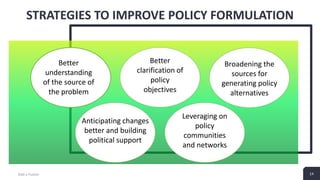 14
STRATEGIES TO IMPROVE POLICY FORMULATION
Add a Footer 14
Better
understanding
of the source of
the problem
Better
clarification of
policy
objectives
Broadening the
sources for
generating policy
alternatives
Anticipating changes
better and building
political support
Leveraging on
policy
communities
and networks
 