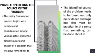 PHASE 1: SPECIFYING THE
SOURCE OF THE
PROBLEM
• The policy formulation
process begins with
debates and
consideration among
various actors about the
actual sources and
causes of a problem that
the government has toAdd a Footer 6
• The identified source
of the problem needs
to be based not only
on evidence and logic
but also must be
practical in the sense
that something can
be done about it
 