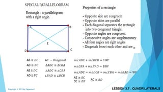 A B
CD
AB ≅ 𝐷𝐶
AD ≅ 𝐵𝐶
AB ∥ 𝐷𝐶
AD ∥ 𝐵𝐶
A𝐶 − 𝐷𝑖𝑎𝑔𝑜𝑛𝑎𝑙
∆𝐴𝐷𝐶 ≅ ∆𝐶𝐵𝐴
∠𝐴𝐷𝐶 ≅ ∠𝐶𝐵𝐴
∠𝐵𝐴𝐷 ≅ ∠𝐷𝐶𝐵
≅
𝑚∠𝐴𝐷𝐶 + 𝑚∠𝐷𝐶𝐵 = 180 𝑜
𝑚∠𝐶𝐵𝐴 + 𝑚∠𝐵𝐴𝐷 = 180 𝑜
𝑚∠𝐴𝐷𝐶 = 𝑚∠𝐷𝐶𝐵 = 𝑚∠𝐶𝐵𝐴 = 𝑚∠𝐵𝐴𝐷 = 90 𝑜
E
AE ≅ 𝐸𝐶
DE ≅ 𝐸𝐵
AC ≅ 𝐵𝐷
LESSON 3.7 : QUADRILATERALSCopyright © 2015 by Papasmurf
 