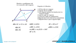 AB≅ 𝐵𝐶 ≅ 𝐶𝐷 ≅ 𝐴𝐷
AB∥ 𝐷C
AD≅ 𝐵C
ΔADC ≅ Δ𝐶𝐵𝐴
∠ADC ≅ ∠𝐶𝐵𝐴
𝑚∠ADC + 𝑚∠𝐷𝐶𝐵 = 180 𝑜
F
AF ≅ 𝐹C
AC ⊥ 𝐵𝐷 𝑎𝑡 𝐹
∠ADB ≅ ∠𝐶𝐷𝐵
LESSON 3.7 : QUADRILATERALSCopyright © 2015 by Papasmurf
 