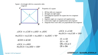 ∠𝐷𝐶𝐴 ≅ ∠𝐶𝐴𝑅 ≅ ∠𝐴𝑅𝐷 ≅ ∠𝑅𝐷𝐶
m∠𝐷𝐶𝐴 = 𝑚∠𝐶𝐴𝑅 = 𝑚∠𝐴𝑅𝐷 = 𝑚∠𝑅𝐷𝐶 = 90 𝑜
∆𝐶𝐷𝑅 ≅ ∆𝐶𝐴𝑅
∠𝐷𝐶𝐴 ≅ ∠𝐶𝐴𝑅
m∠𝐷𝐶𝐴 + 𝑚∠𝐶𝐴𝑅 = 180 𝑜
∠𝐷𝐶𝐴 ≅ ∠𝐴𝑅𝐷
m∠𝐷𝐶𝐴 + 𝑚∠𝐴𝑅𝐷 = 180 𝑜
𝐶S ≅ 𝑆𝑅
𝐷𝑆 = 𝐴𝑆
CR⊥ 𝐷𝐴 𝑎𝑡 𝑆
CR ≅ DA
𝑆
LESSON 3.7 : QUADRILATERALSCopyright © 2015 by Papasmurf
 
