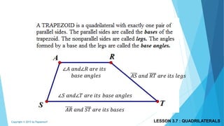 𝐴𝑅 𝑎𝑛𝑑 𝑆𝑇 𝑎𝑟𝑒 𝑖𝑡𝑠 𝑏𝑎𝑠𝑒𝑠
𝐴𝑆 𝑎𝑛𝑑 𝑅𝑇 𝑎𝑟𝑒 𝑖𝑡𝑠 𝑙𝑒𝑔𝑠
∠𝐴 𝑎𝑛𝑑∠𝑅 𝑎𝑟𝑒 𝑖𝑡𝑠
𝑏𝑎𝑠𝑒 𝑎𝑛𝑔𝑙𝑒𝑠
∠𝑆 𝑎𝑛𝑑∠𝑇 𝑎𝑟𝑒 𝑖𝑡𝑠 𝑏𝑎𝑠𝑒 𝑎𝑛𝑔𝑙𝑒𝑠
LESSON 3.7 : QUADRILATERALSCopyright © 2015 by Papasmurf
 