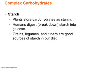 Complex Carbohydrates
• Starch
• Plants store carbohydrates as starch.
• Humans digest (break down) starch into
glucose.
• Grains, legumes, and tubers are good
sources of starch in our diet.
© 2016 Pearson Education, Inc.
 