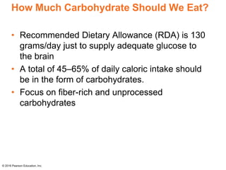 How Much Carbohydrate Should We Eat?
• Recommended Dietary Allowance (RDA) is 130
grams/day just to supply adequate glucose to
the brain
• A total of 45–65% of daily caloric intake should
be in the form of carbohydrates.
• Focus on fiber-rich and unprocessed
carbohydrates
© 2016 Pearson Education, Inc.
 