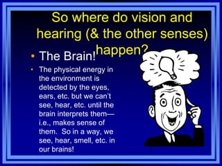 So where do vision and
 hearing (& the other senses)
• The Brain!happen?
• The physical energy in
  the environment is
  detected by the eyes,
  ears, etc. but we can‘t
  see, hear, etc. until the
  brain interprets them—
  i.e., makes sense of
  them. So in a way, we
  see, hear, smell, etc. in
  our brains!
 