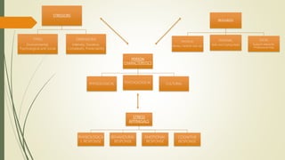 STRESSORS
TYPES
Environmental,
Psychological and Social
DIMENSIONS
Intensity, Duration,
Complexity, Predictability
RESOURCES
PHYSICAL
Money, medical care, etc.
PERSONAL
Skills and Coping styles
SOCIAL
Support networks,
Professional help
PERSON
CHARACTERISTICS
PHYSIOLOGICAL PSYCHOLOGICAL CULTURAL
STRESS
APPRAISALS
PHYSIOLOGICA
L RESPONSE
BEHAVIOURAL
RESPONSE
EMOTIONAL
RESPONSE
COGNITIVE
RESPONSE
 