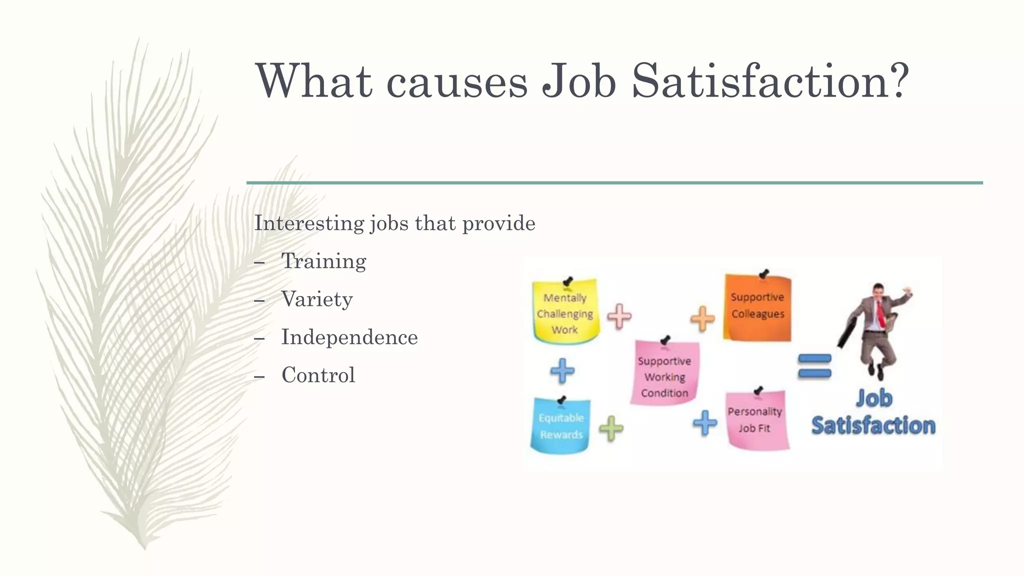 What causes Job Satisfaction?
Interesting jobs that provide
– Training
– Variety
– Independence
– Control
 