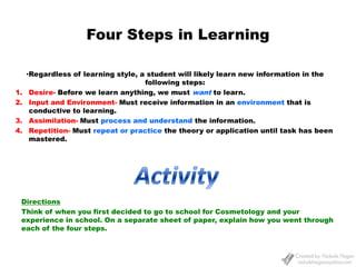 As an educator, we want to create circumstances within which learning takes place at a faster  rate.Learning Styles DefinedKEY:  When a student has difficulty learning, it is most likely because they are processing the information outside of their natural learning style.A learning style is a student’s favored, or preferred method of thinking, understanding, and processing information.