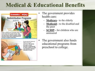 Medical & Educational Benefits
• The government provides
health care:
– Medicare– to the elderly
– Medicaid-- to the disabled and
the poor
– SCHIP-- for children who are
uninsured
• The government also funds
educational programs from
preschool to college.
 