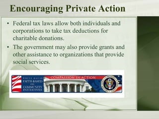 Encouraging Private Action
• Federal tax laws allow both individuals and
corporations to take tax deductions for
charitable donations.
• The government may also provide grants and
other assistance to organizations that provide
social services.
 