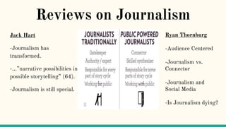 Reviews on Journalism
Jack Hart
-Journalism has
transformed.
-...”narrative possibilities in
possible storytelling” (64).
-Journalism is still special.
Ryan Thornburg
-Audience Centered
-Journalism vs.
Connector
-Journalism and
Social Media
-Is Journalism dying?
 