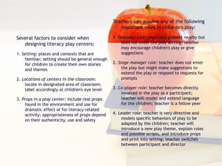 Several factors to consider when designing literacy play centers: 1.  Setting : places and contexts that are familiar; setting should be general enough for children to create their own stories and themes 2.  Locations of centers in the classroom : locate in designated area of classroom; label accordingly at children's eye level 3.  Props in a play center : include real props found in the environment and use for dramatic effect or for literacy-related activity; appropriateness of props depend on their authenticity, use and safety Teachers can assume any of the following important roles in children's play: 1.  Onlooker role : physically present nearby but does not enter the play setting; teacher may encourage children's play or give suggestions 2.  Stage manager role : teacher does not enter the play but might make suggestions to extend the play or respond to requests for prompts 3.  Co-player role : teacher becomes directly involved in the play as a participant; teacher will model and extend language for the children; teacher is a fellow peer 4.  Leader role : teacher is very directive and models specific behaviors of play to be adapted by the children; teacher will introduce a new play theme, explain roles and possible scripts, and introduce props and print into setting; teacher switches between participant and director 