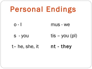 Personal Endings nt - they o - I s  - you t– he, she, it mus - we tis – you (pl) 