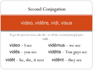 To get the present stem, take the –re off the second principal part: vidē  -  video, vidēre, vidi, visus video  – I see vidēs  – you see vidēt  – he, she, it sees Second Conjugation vidēmus  – we see vidētis  – You guys see  vidēnt  – they see 