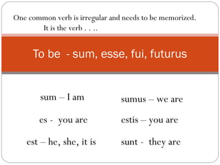 To be  - sum, esse, fui, futurus sum – I am One common verb is irregular and needs to be memorized.  It is the verb . . ..  sumus – we are estis – you are es -  you are sunt -  they are  est – he, she, it is 