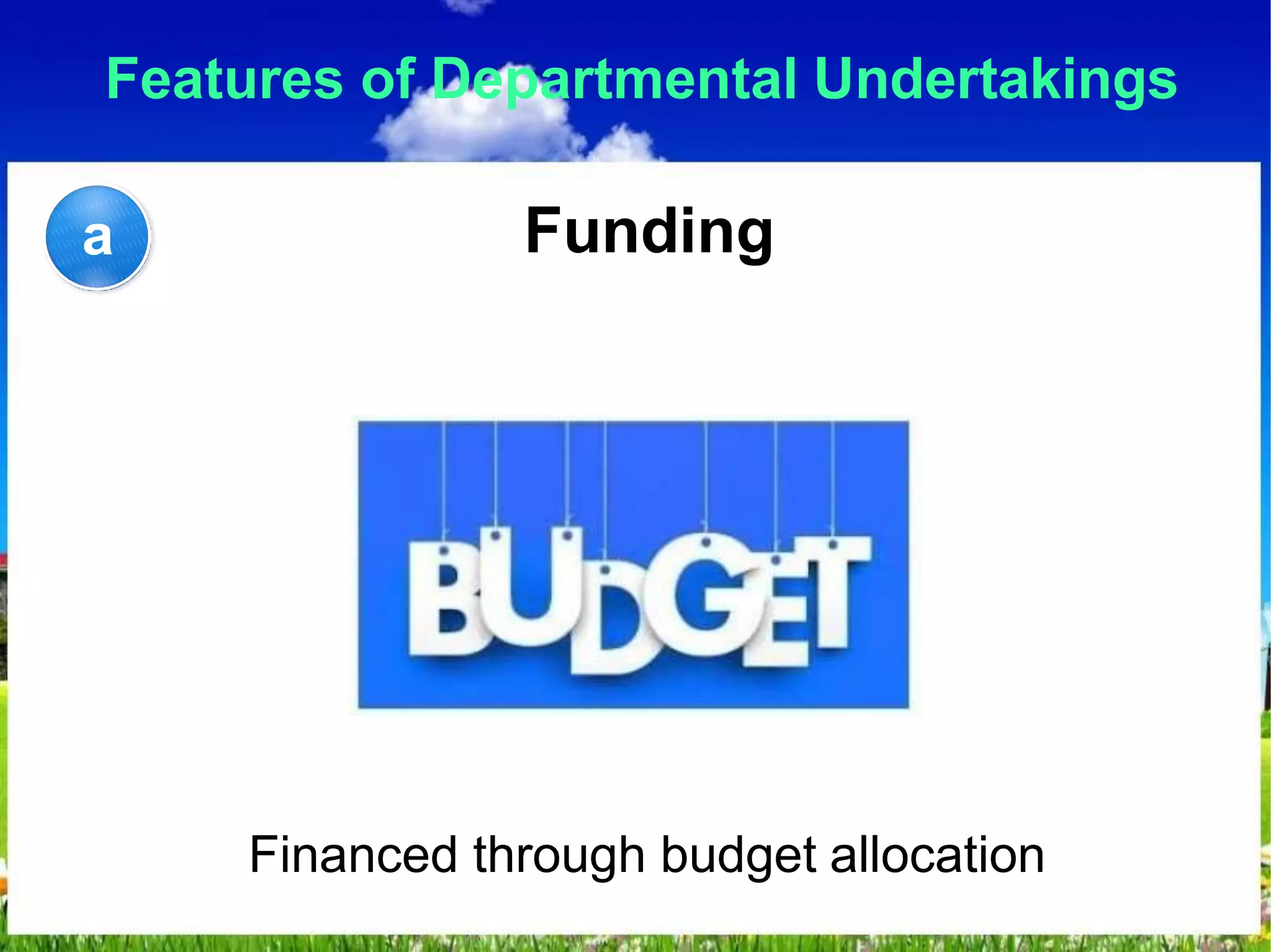 Features of Departmental Undertakings
Funding
Financed through budget allocation
a
 