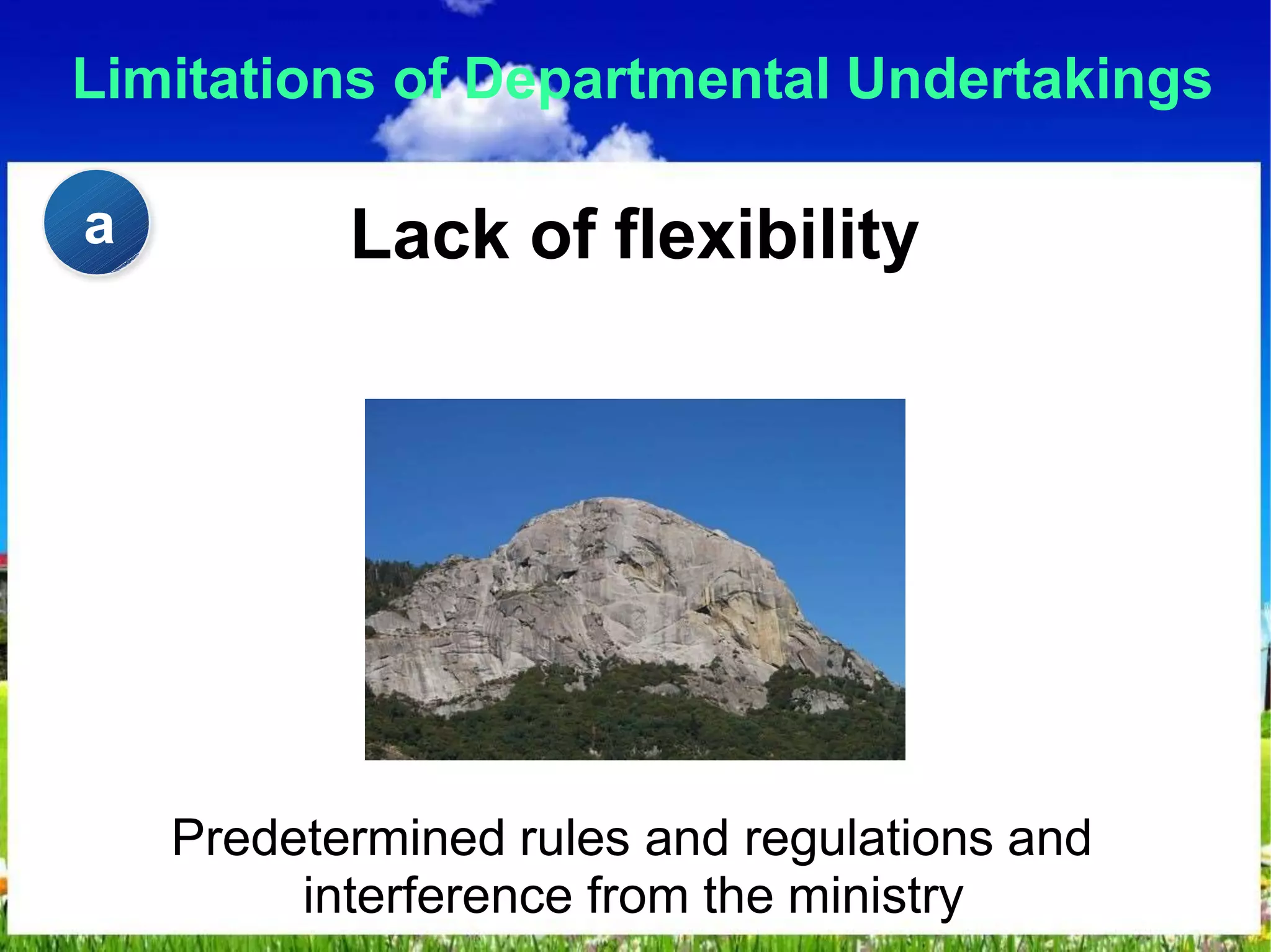 Limitations of Departmental Undertakings
Lack of flexibility
Predetermined rules and regulations and
interference from the ministry
a
 