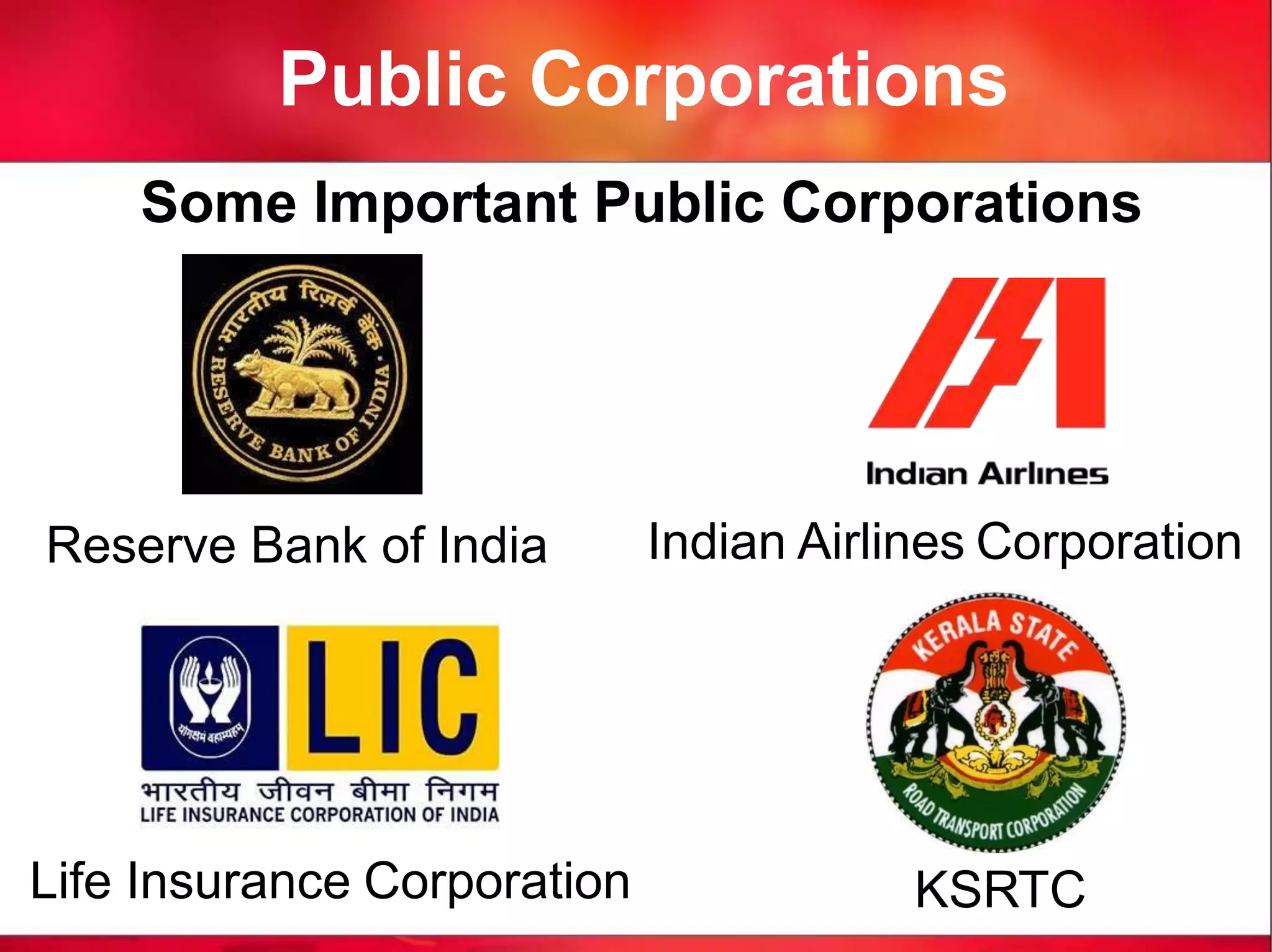 Public Corporations
Some Important Public Corporations
KSRTCLife Insurance Corporation
Indian Airlines CorporationReserve Bank of India
 